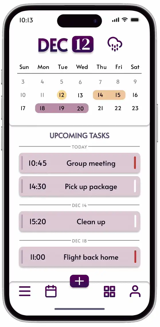 Agenda home screen showing a calendar, upcoming tasks, and the add action