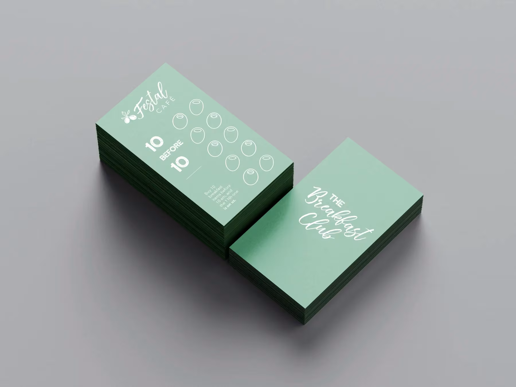 Front and back of the final sage green Festal Café loyalty card, shown as two stacks