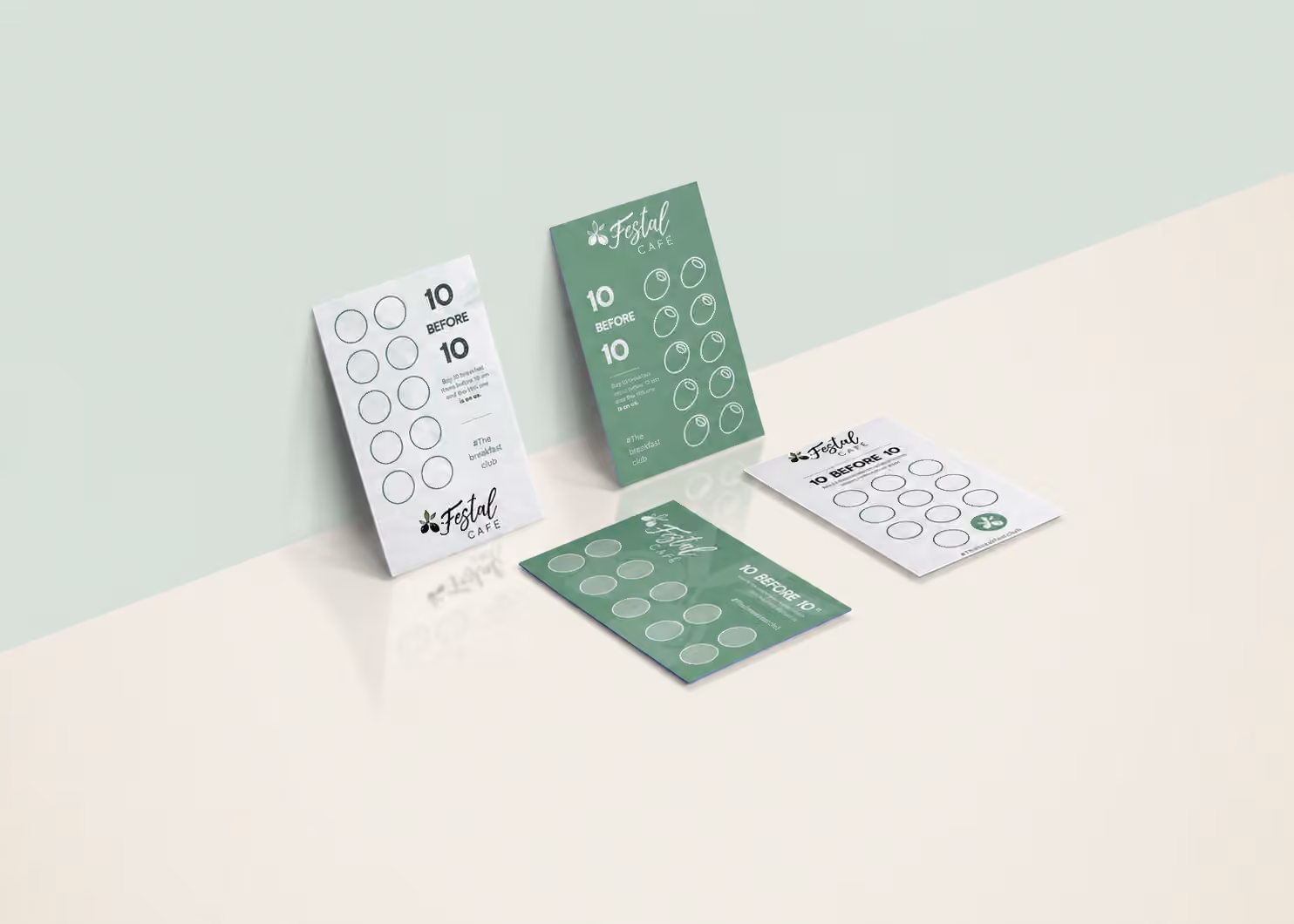 Four Festal Café loyalty card mockups against a soft sage backdrop