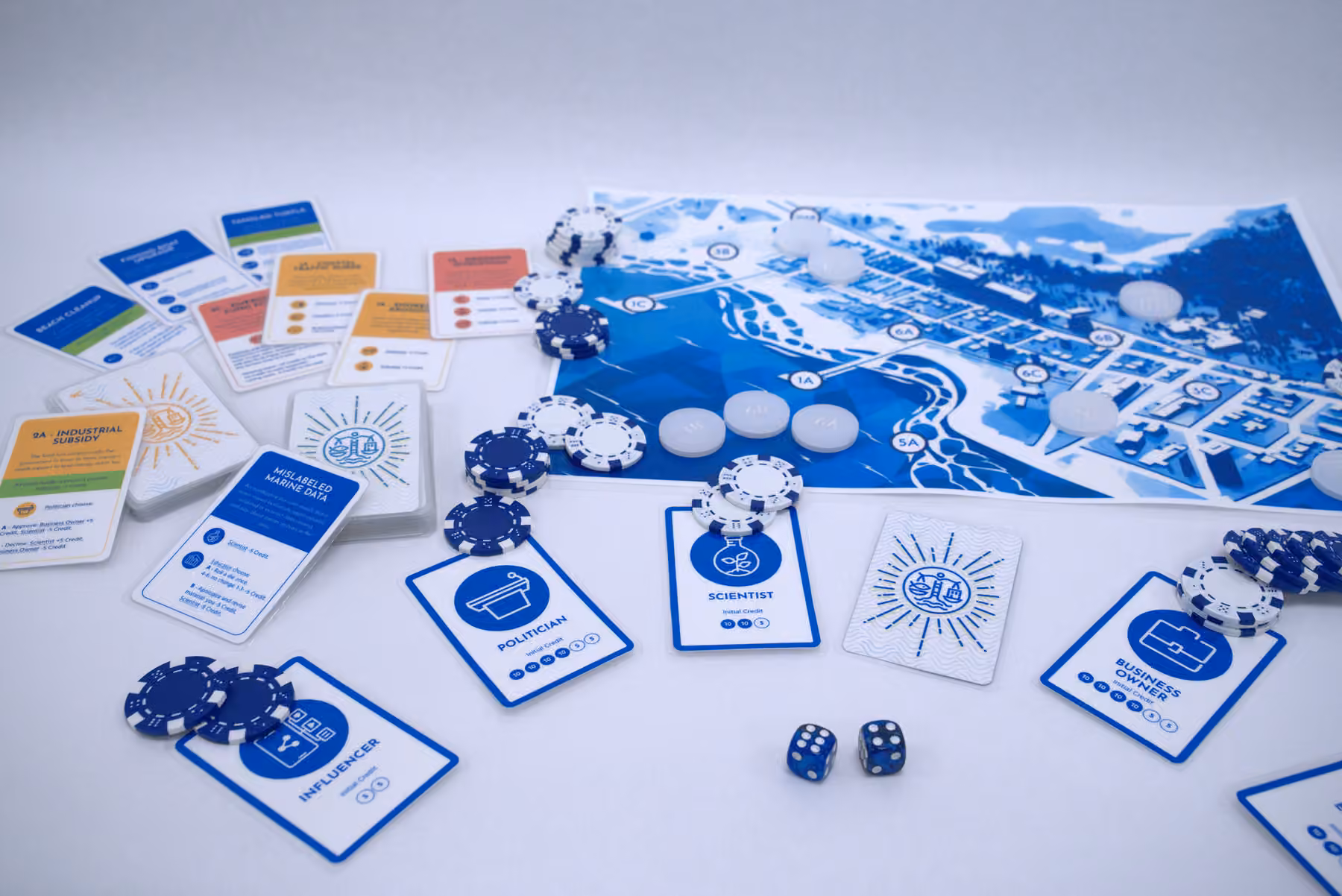 TideBound board, role cards, event cards, dice, and Credit tokens laid out together