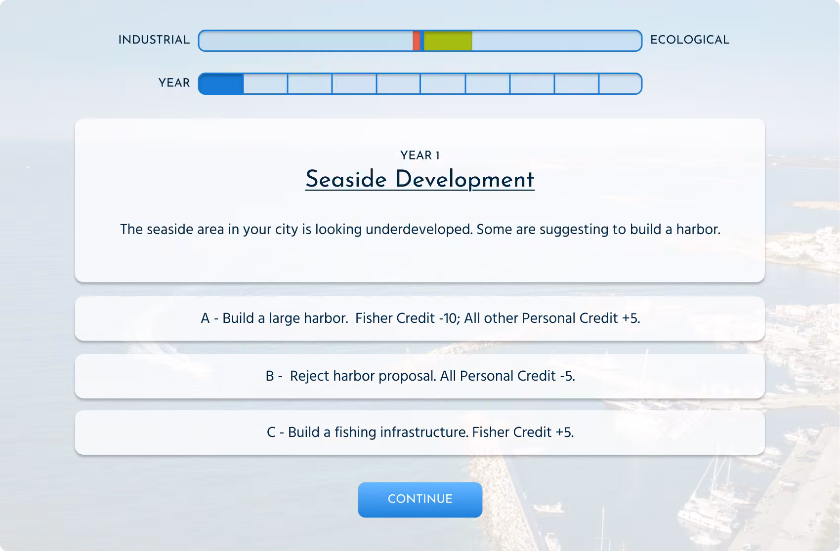 Tablet companion showing the Seaside Development major event with three choices