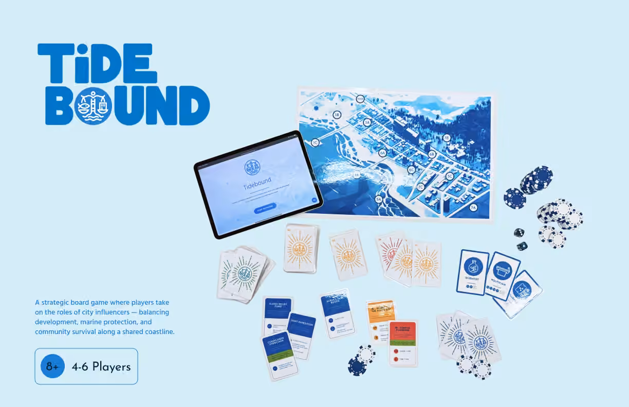 TideBound board, cards, tokens, and digital companion arranged together