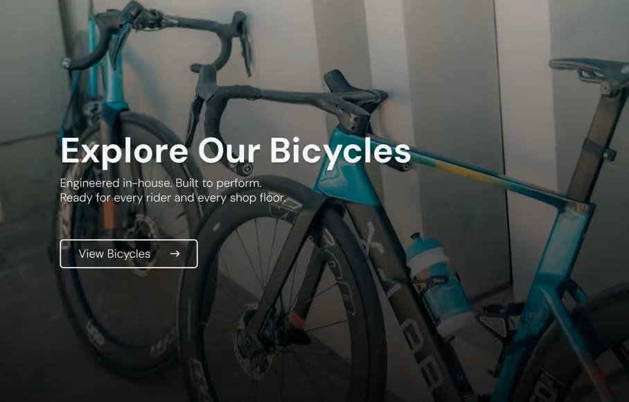 Explore Our Bicycles page with a large bicycle photograph, headline, short introduction, and button