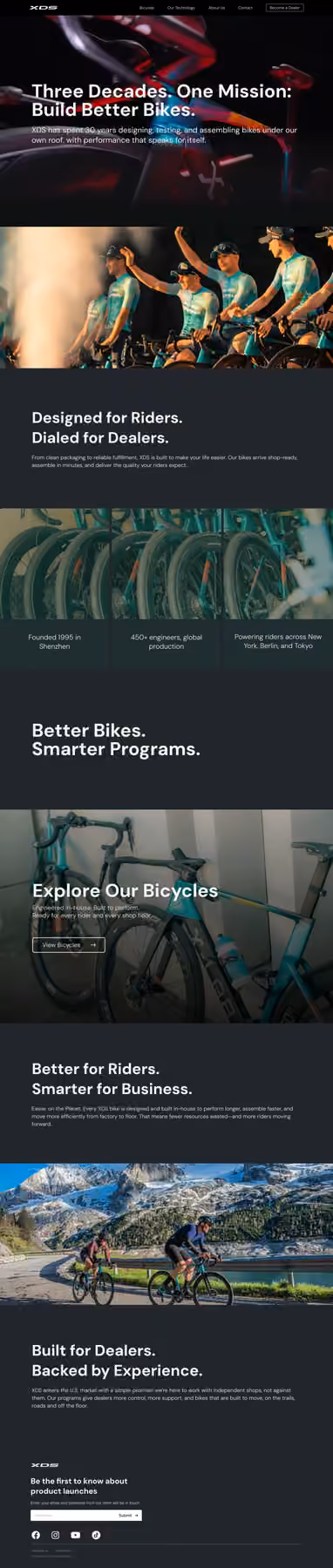 XDS home page section with a riders-and-dealers headline above a three-column image and facts layout