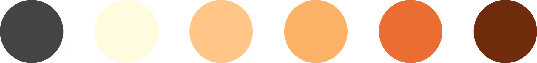 Six Yami Café palette colors: charcoal, cream, peach, apricot, orange, and dark brown