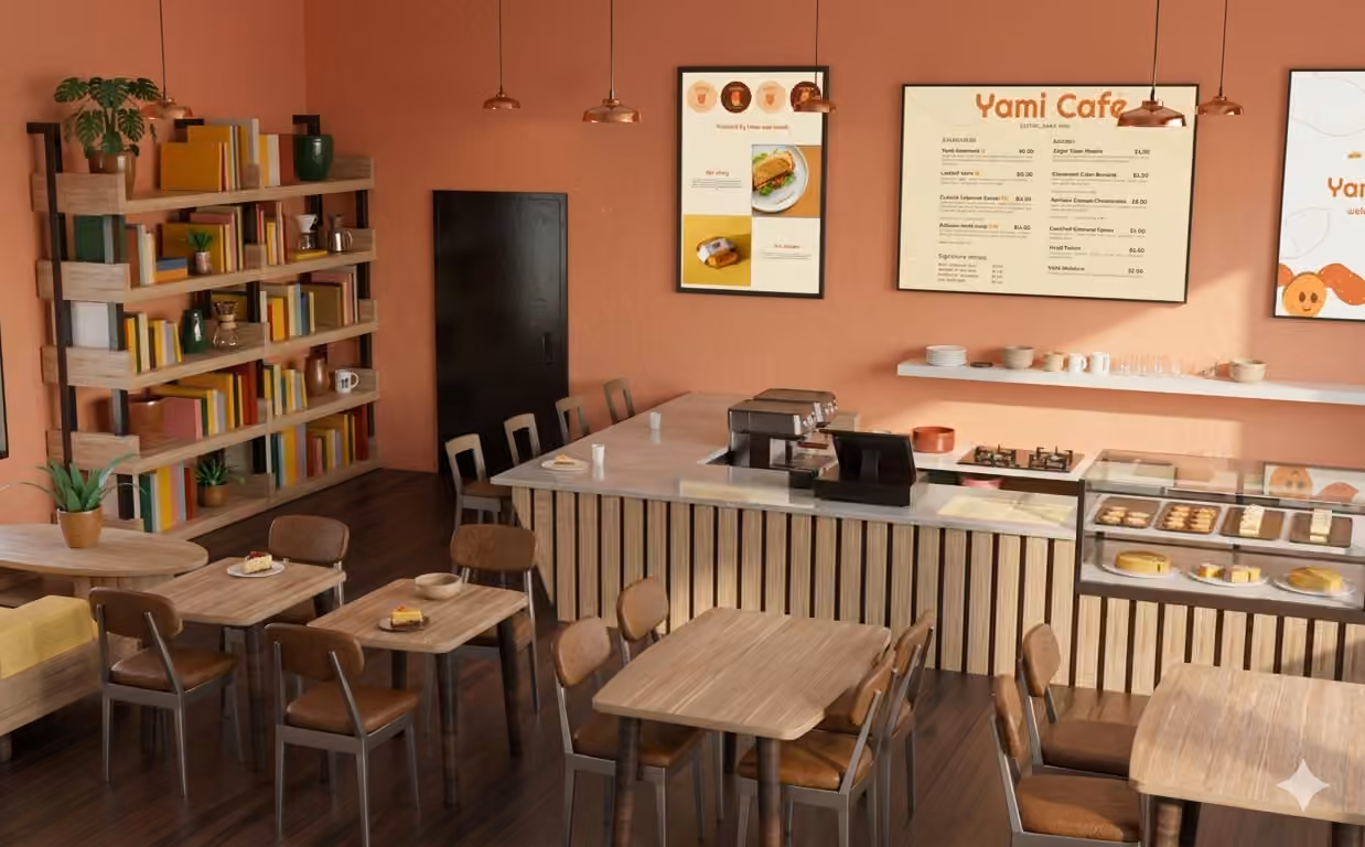 Yami Café concept interior with seating, a service counter, and branded menus