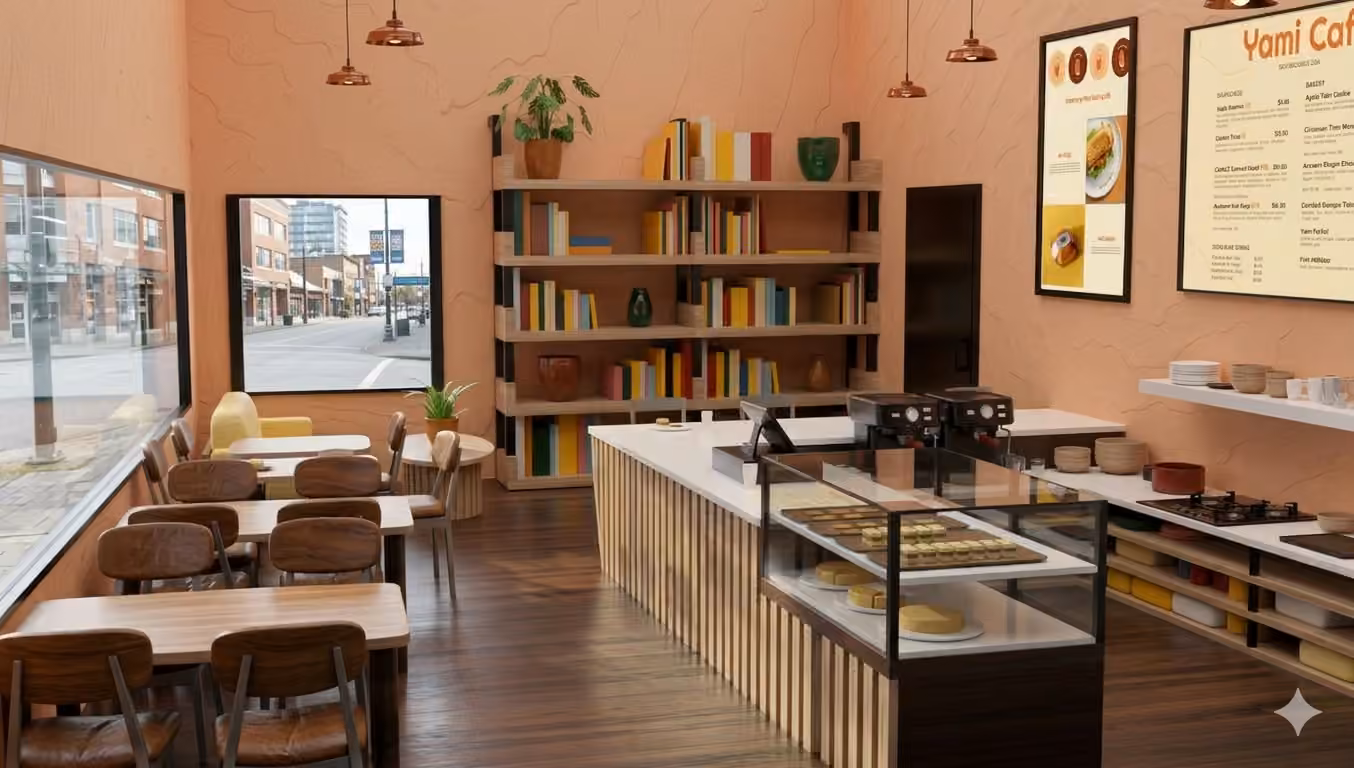 Second view of the Yami Café concept interior, showing the café seating and display counter